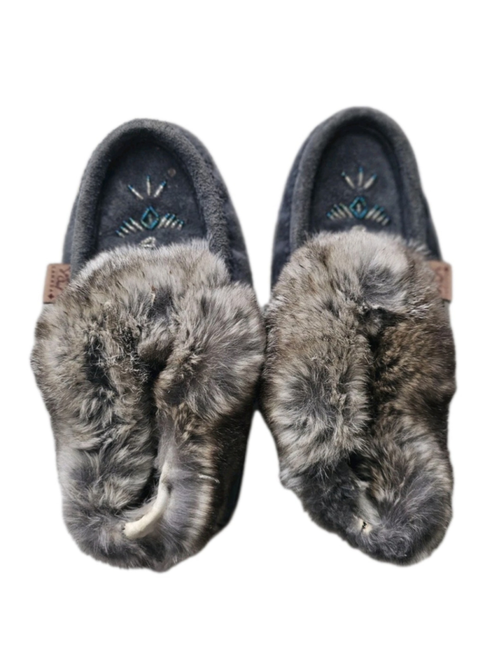 Authentic Inuit Mukluk Slippers Fur Trim Handmade Grey Winter Indoor Shoes...